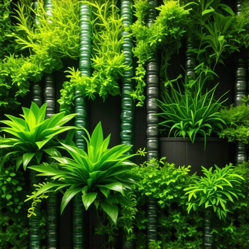 Vrt napravljen od recikliranih materijala sa vertikalnim elementima i raznovrsnim biljkama