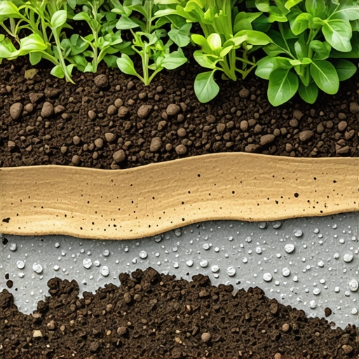Close-up of layered soil and protective materials in a raised garden bed, illustrating drainage and compost layers.