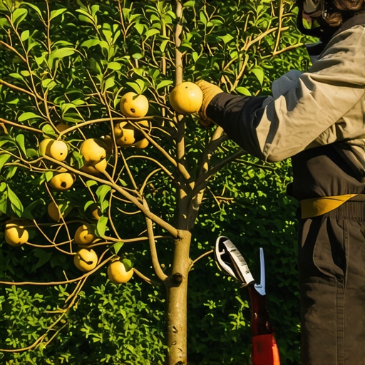 Majstor orezivanja voćaka Vrtlar pravi rez na voćki tokom proleća, uz alate i zelenilo