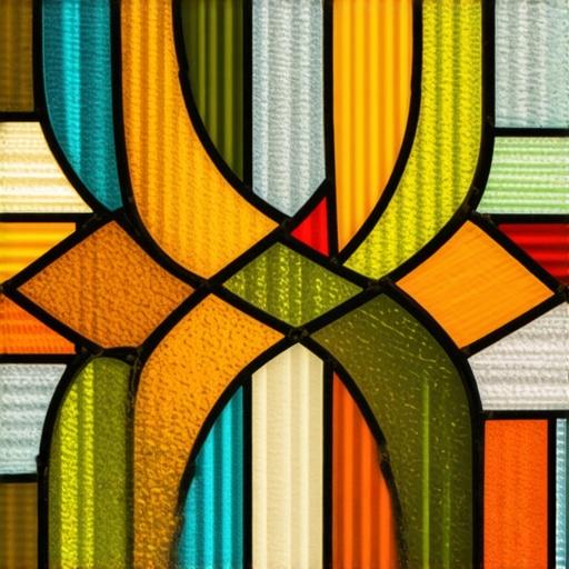 Close-up of an intricate, vibrant stained glass mosaic with detailed craftsmanship