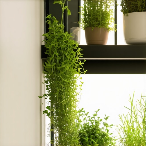 Stylish indoor balcony with fresh herbs in pots, bright natural light