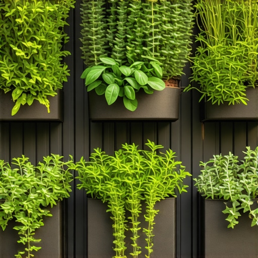 Balcony garden with vertical herb planters and lush greenery