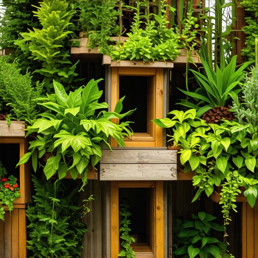 Multispecies garden supporting biodiversity and ecological resilience A vibrant, layered garden with habitats for insects and birds, featuring recycled materials