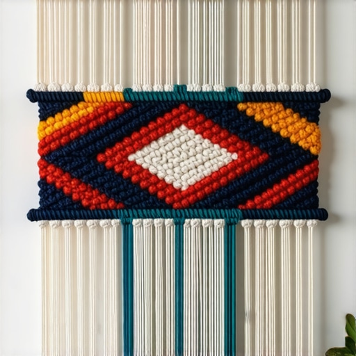 Detalj složenog makrame zida sa višeslojnim čvorovima i različitim materijalima