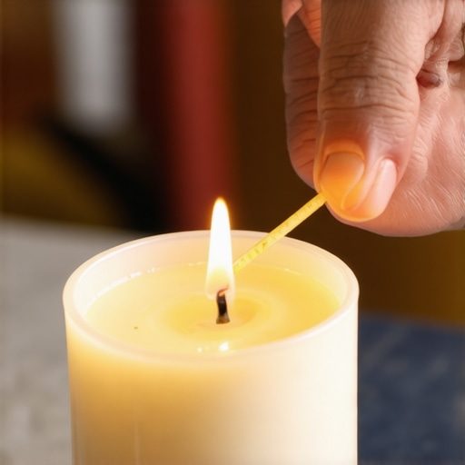 Person placing wick in candle making process in cozy workshop