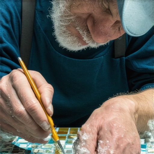 Artist creating detailed mosaic with glass and ceramic tiles