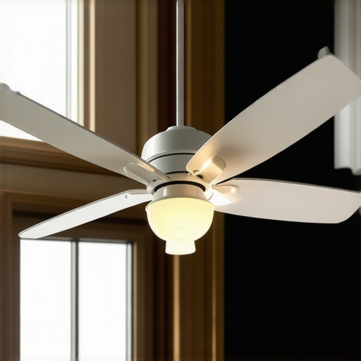 Expert installing ceiling fan with safety gear and modern tools in a professional setting