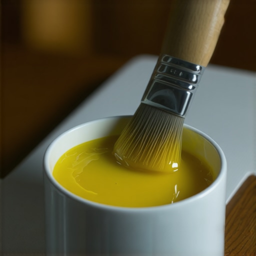 Close-up of a brush applying natural wax to fabric in a professional setting