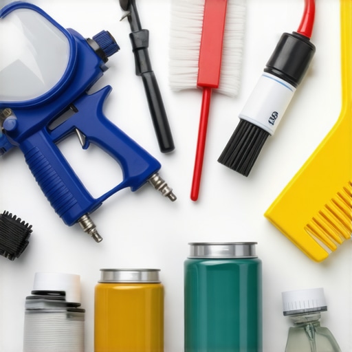 Tools for professional woodworking finishing including spray guns and protective gear