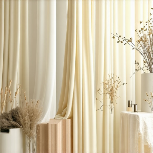 Elegant display of silk and linen fabrics with protective sprays and artistic decorations