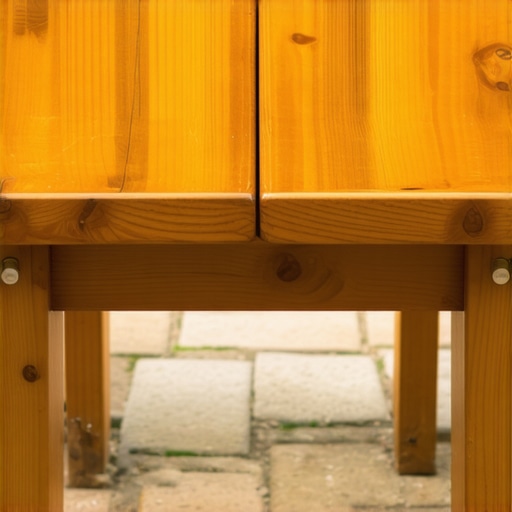 Restored Wooden Outdoor Table with Glossy Finish Close-up of a beautifully restored wooden outdoor table with glossy protective coating in a garden setting