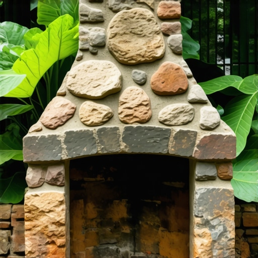 A rustic stone outdoor fireplace in a lush garden