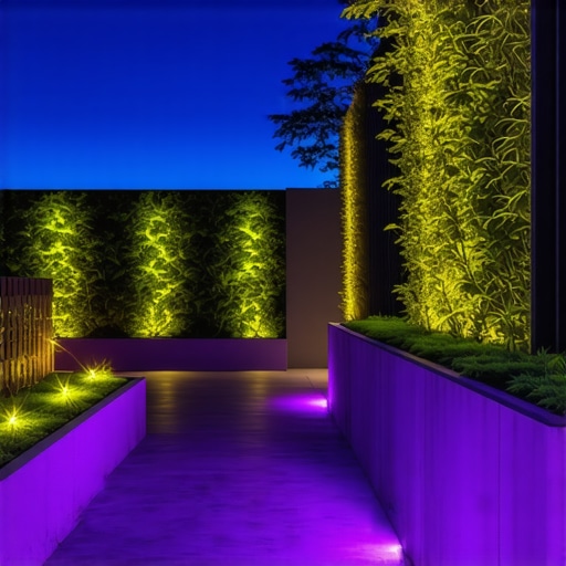 Savremeni ekološki vrt sa solarnom rasvetom Vrt sa solarnim svetlima i vertikalnim zelenim zidovima, inovativni dizajn