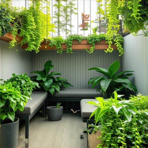 Small balcony garden with vertical planting and multifunctional furniture Cozy small balcony with vertical garden and space-saving furniture