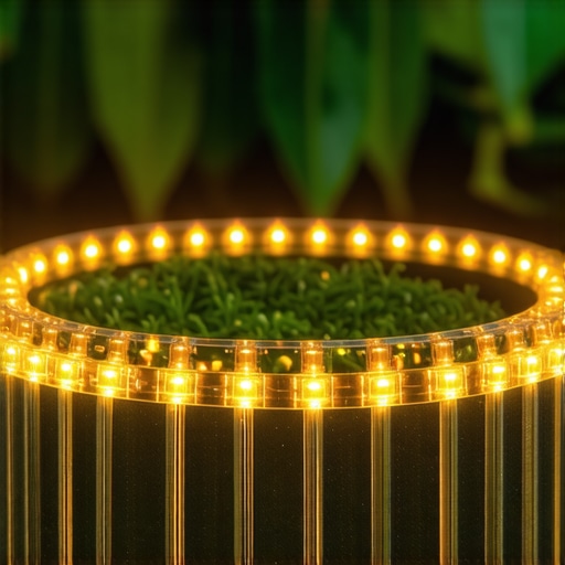 Modern garden with IoT LED strip lighting and automation system.