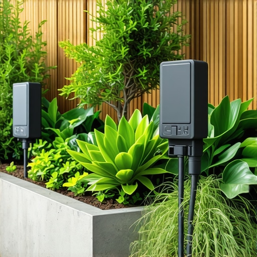 Close-up of an advanced irrigation system with sensors and IoT devices in a modern garden