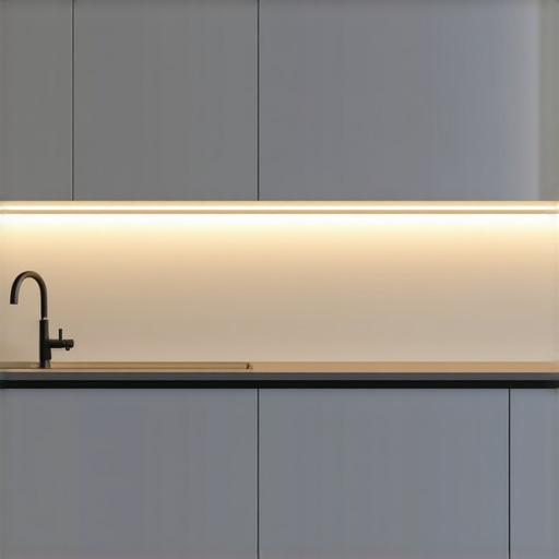 Smart LED System in Modern Kitchen High-tech smart LED lighting in a sleek kitchen setting, controlled via mobile app