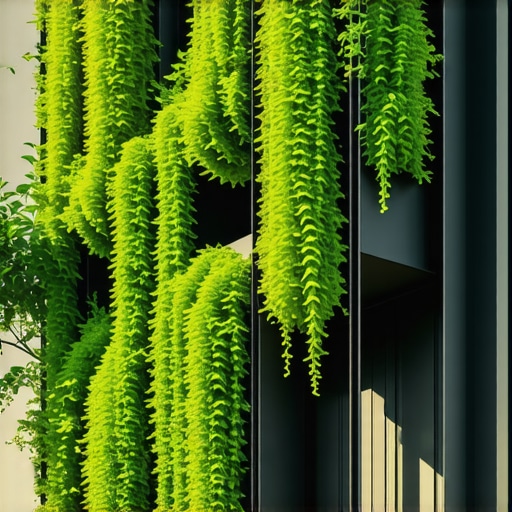 Smart Vertical Garden with Automated Irrigation High-tech smart vertical garden on urban balcony with automated irrigation system, lush greenery, eco-friendly design