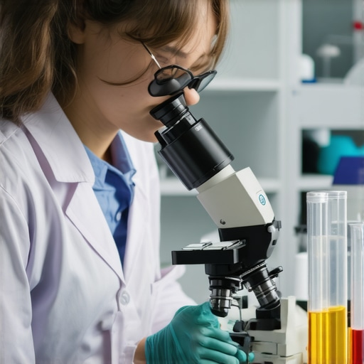 Scientists studying soil microbes in a lab, analyzing soil samples with microscopes