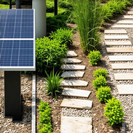 Automated irrigation system with solar panels and natural stone paths in a lush garden