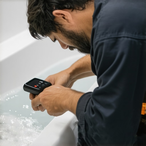 Professional plumber inspecting a bathtub with ultrasonic detector