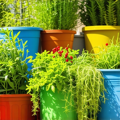 Urban balcony garden with herbs and vegetables Colorful balcony garden with herbs and vegetables in pots, vibrant and sunny setting
