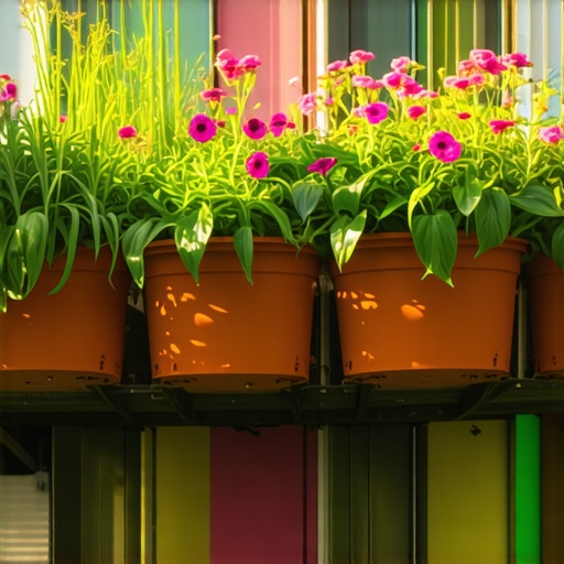 Urban balcony garden with vertical planters Colorful balcony garden with vertical planters and lush greenery.
