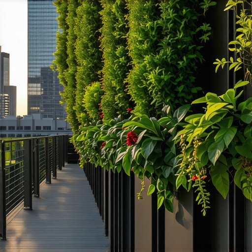 Urban vertical garden with tech integration Modern urban terrace featuring vertical garden, automated system, and lighting