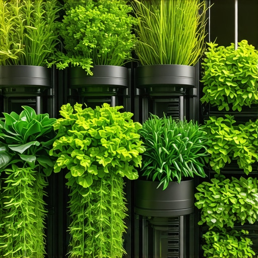 Detalj modernog vertikalnog vrta sa raznovrsnim biljkama i hidroponskim sistemima na terasi