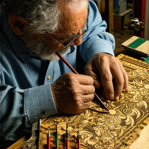 Umetnik pirografije radi detaljan dizajn na drvetu koristeći razne vrhove i uređaj