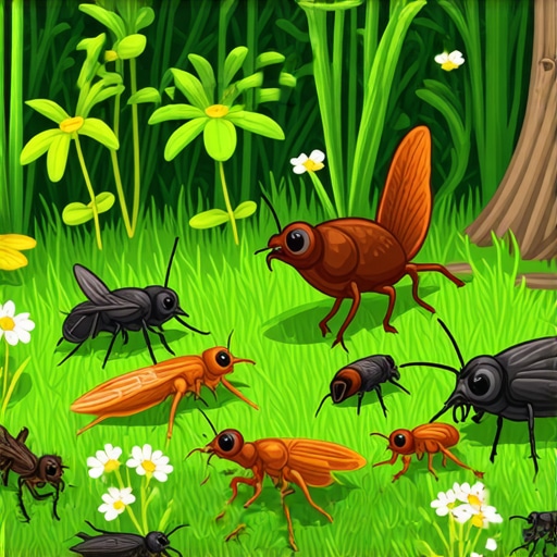 Ilustracija raznovrsnog vrta sa prirodnim predatorima koji kontrolišu štetočine