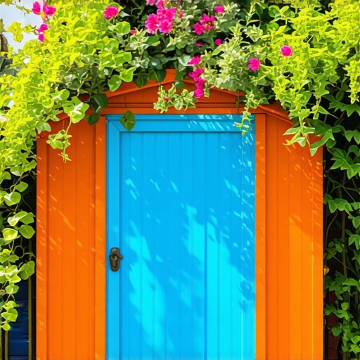 Colorful garden shed with plants and tools in a backyard