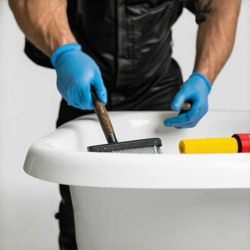 Expert restoring a vintage bathtub with modern equipment and materials