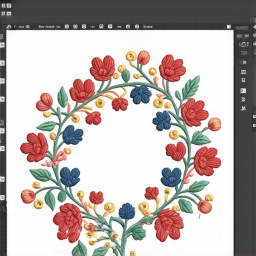 Digital Design Software for Embroidery Screenshot of embroidery design software displaying detailed vector-based design customization