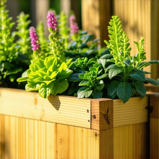 Durable Wooden Raised Garden Beds Close-up of wooden raised garden beds filled with lush green plants