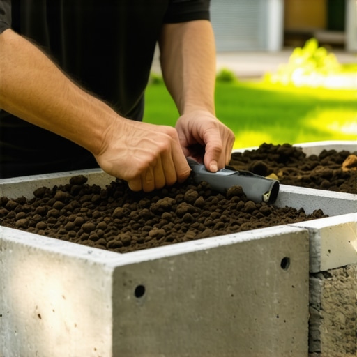 Ekspert sastavlja podignutu gredicu koristeći reciklirane i prirodne materijale Stručnjak sastavlja podignutu gredicu sa slojevima drenaže i čvrstim okvirom u modernom vrtu