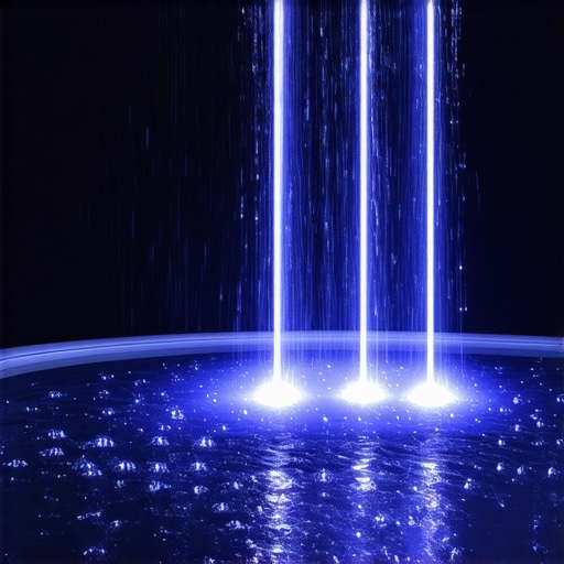 Futuristic Garden Fountain with LED Lighting Modern water fountain illuminated with colorful LED lights at night, showcasing advanced garden design