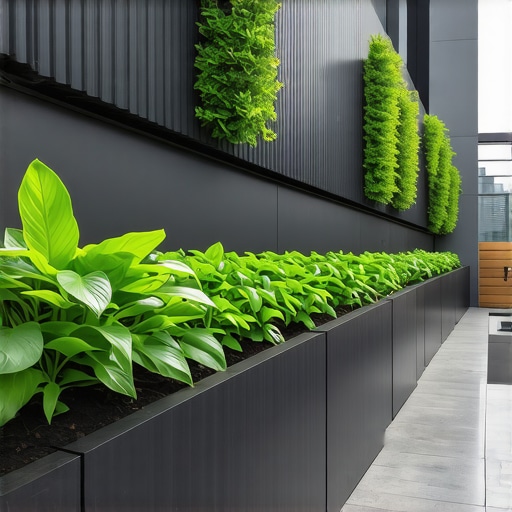 Futuristic Small Garden Design with Technology Contemporary small garden featuring smart irrigation, modular structures, and vertical planting walls.