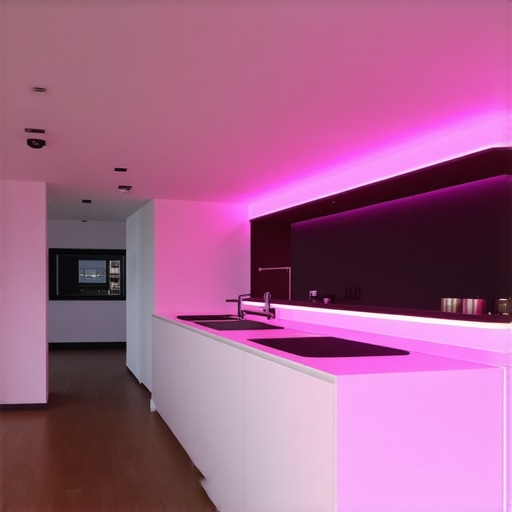 Futuristic Smart Kitchen Lighting System Modern kitchen illuminated with advanced LED smart lighting, showcasing sleek design and customizable colors