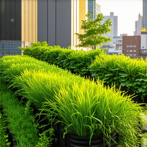 Futuristic Urban Roof Garden High-tech rooftop garden with smart sensors and modular plant beds in a cityscape