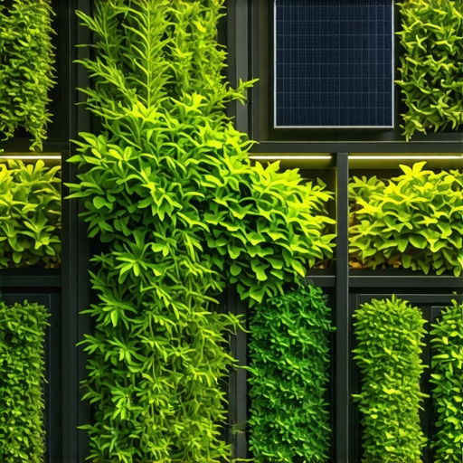 High-tech vertical garden with sensors and solar panels in a cityscape