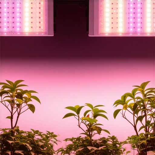Indoor LED Grow Light for Fruit Trees Close-up of LED grow light illuminating potted fruit trees in an indoor garden