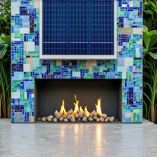 Contemporary outdoor fireplace with solar panels and artistic mosaic in a garden setting