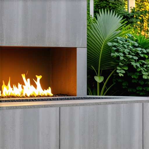 Contemporary outdoor fireplace with solar panels and eco-friendly features in a vibrant garden