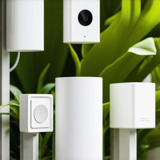 Smart sensors and IoT security devices in a modern garden setting, illustrating advanced technology for safety
