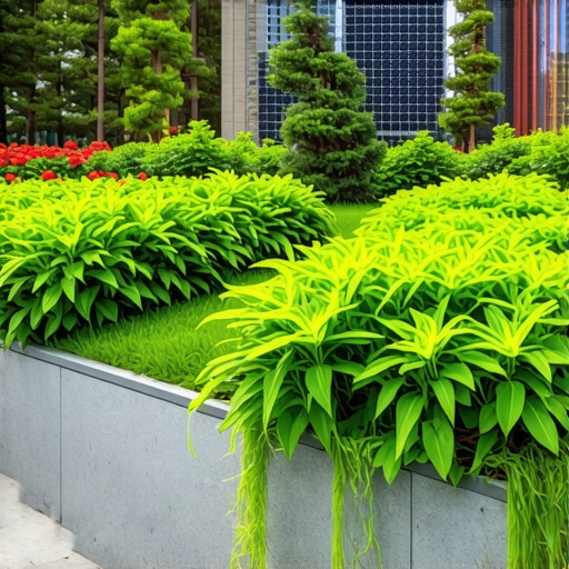 Urban garden with smart irrigation and solar panels in a cityscape