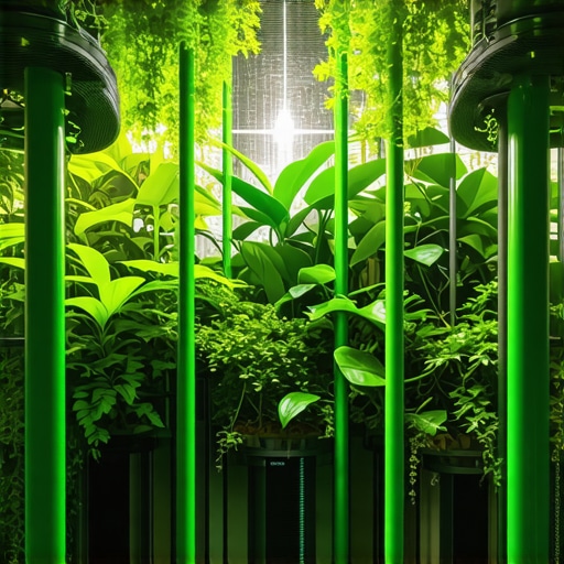 Ilustracija naprednog zatvorenog sistema za reciklažu vode i hranljivih materija u unutrašnjem vrtu, prikazujući održivo gajenje biljaka.