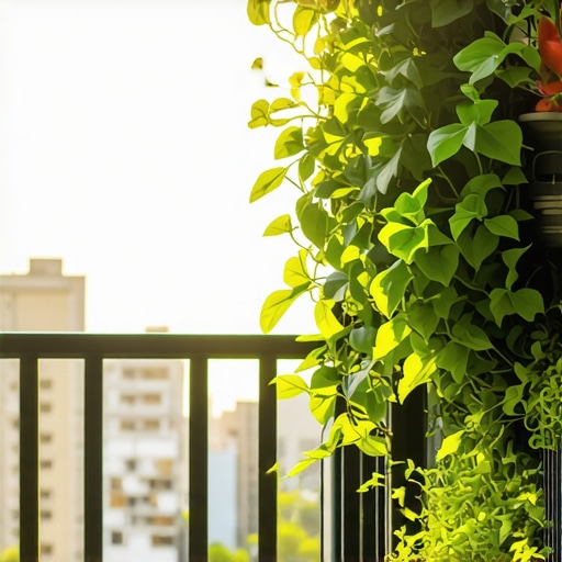 Vertikalni sistem za uzgoj voća na balkonu sa zelenim biljkama i modernom strukturom