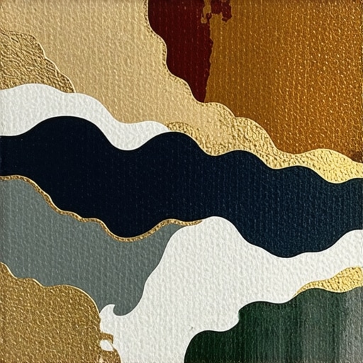 Layered Decoupage Art on Fabric Close-up of textured layered decoupage on fabric with gold details