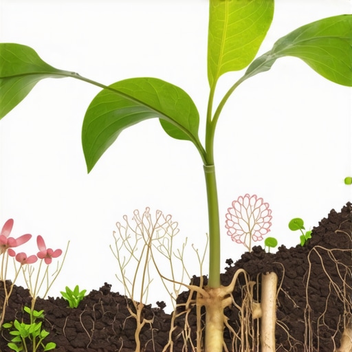 Ilustracija korisnih bakterija i gljiva u simbiotskoj vezi sa korenom biljke, prikazujući njihov ključni doprinos zdravlju i vitalnosti zimskog vrta.